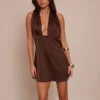 Chocolate Satin Halter Neck  Shift Dress