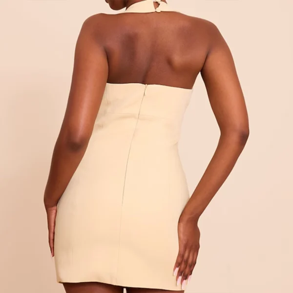 Almond Woven Halter Neck Button Detail  Dress