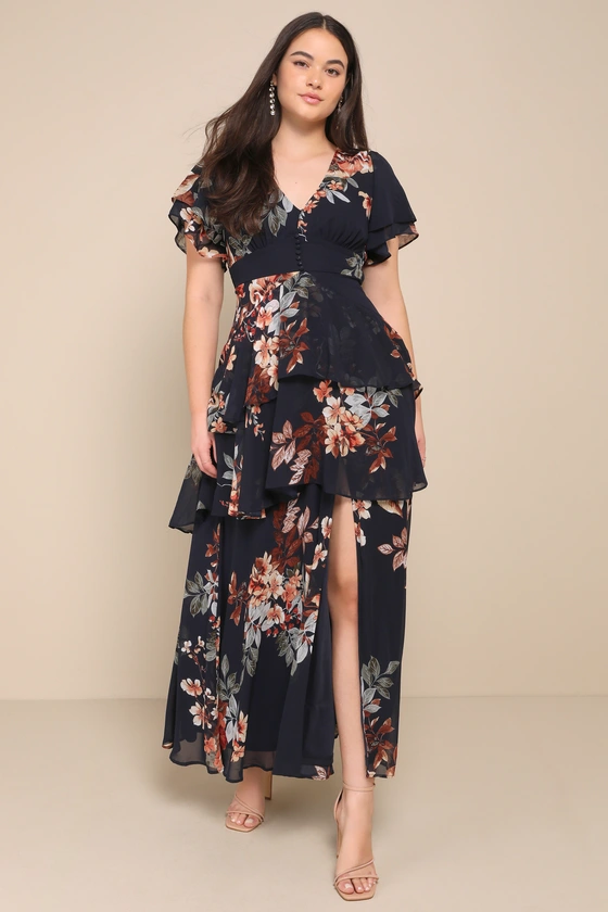 Midnight Mood Navy Blue Floral Print Tiered Maxi Dress