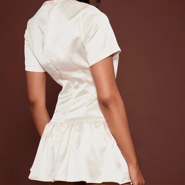 3 Champagne Satin Short Sleeve Wrap Drape Dress