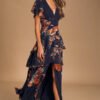 Midnight Mood Navy Blue Floral Print Tiered Maxi Dress