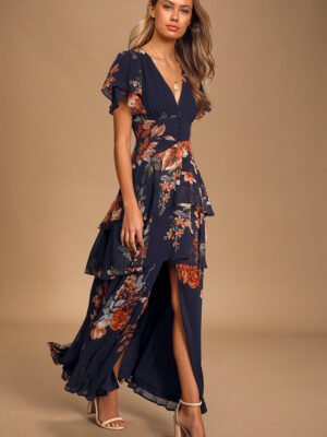 Midnight Mood Navy Blue Floral Print Tiered Maxi Dress