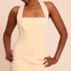 Almond Woven Halter Neck Button Detail  Dress