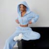 1 (1) Women Casual Solid Color Drop Shoulder Loose Zip-Up Cropped Hoodie Sweatpants Set