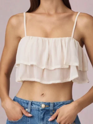 Ruffled Cropped Camisole Top in Ivory Ruffled Cropped Camisole Top in Ivory