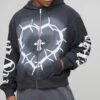1 Oversized Boxy Reverse Loopback Heart Print Zip Through Hoodie