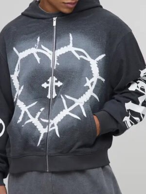 Oversized Boxy Reverse Loopback Heart Print Zip Through Hoodie