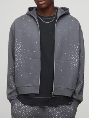 1 Oversized Boxy Rhinestone Zip Through Hoodie Set