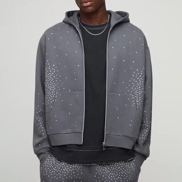 Oversized Boxy Rhinestone Zip Through Hoodie Set