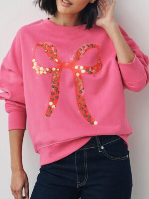 1 Seasonal Christmas Bow Graphic With Sparkle Sequins Longsleeve Crewneck Sweatshirt