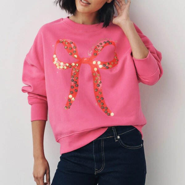 Seasonal Christmas Bow Graphic With Sparkle Sequins Longsleeve Crewneck Sweatshirt