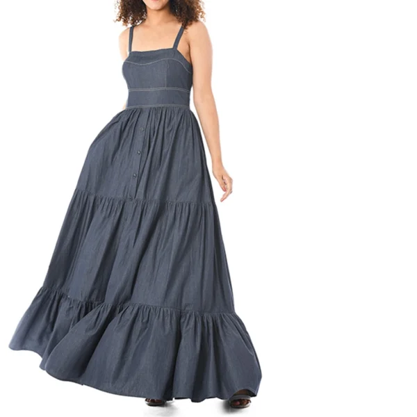 Tiered Cotton Chambray Maxi Dress