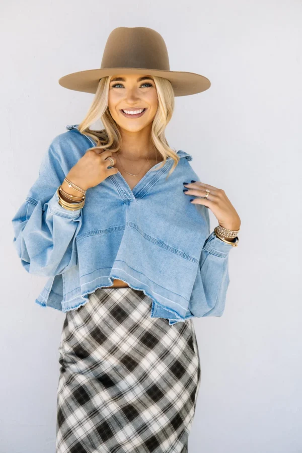 1 Denim Long Sleeve Pullover Top