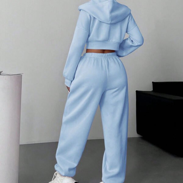 1 (3) Women Casual Solid Color Drop Shoulder Loose Zip-Up Cropped Hoodie Sweatpants Set