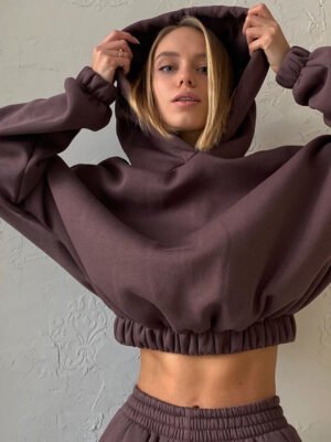 1 High Quality Women Cropped Hoodie Sweatshirt Soft Cotton 1000 Gsm Elastic Cuff Hem Loose Fit Casual Daily Wear Hoodie