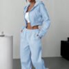 1 (5) Women Casual Solid Color Drop Shoulder Loose Zip-Up Cropped Hoodie Sweatpants Set