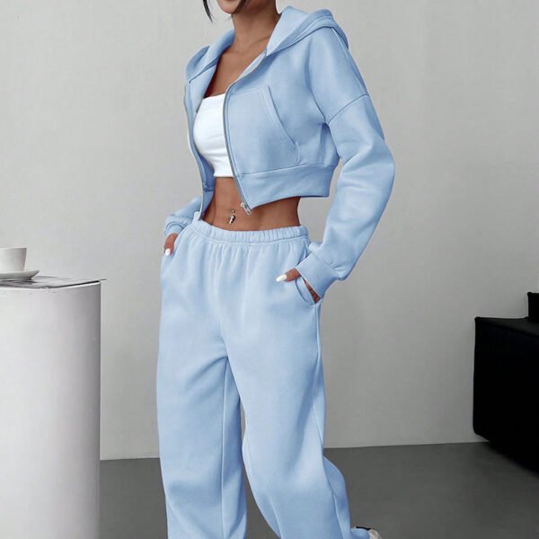 1 (5) Women Casual Solid Color Drop Shoulder Loose Zip-Up Cropped Hoodie Sweatpants Set