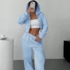 1 (6) Women Casual Solid Color Drop Shoulder Loose Zip-Up Cropped Hoodie Sweatpants Set