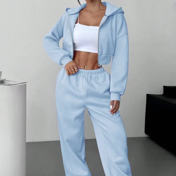 1 (7) Women Casual Solid Color Drop Shoulder Loose Zip-Up Cropped Hoodie Sweatpants Set