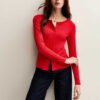 Basics Ribbed Button Through Long Sleeve Top for Women