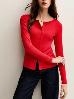 1 Basics Ribbed Button Through Long Sleeve Top for Women