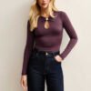 Basics Dark Purple Front Keyhole Long Sleeve Top for Women