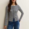 1 Basics Black Striped Button Up Long Sleeve Top for Women