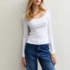 1 Basics White Scoop Neck Long Sleeve Ribbed Top for Women