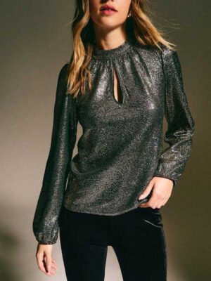 1 Basics Gold Sparkly Keyhole Long Sleeve Top for Women
