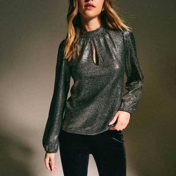 Basics Gold Sparkly Keyhole Long Sleeve Top for Women