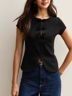 1 Basics Black Bow Detail Short Sleeve Top for Women
