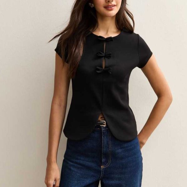 Basics Black Bow Detail Short Sleeve Top for Women