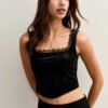 1 Basics Black Lace Trimmed Velvet Corset Top for Women