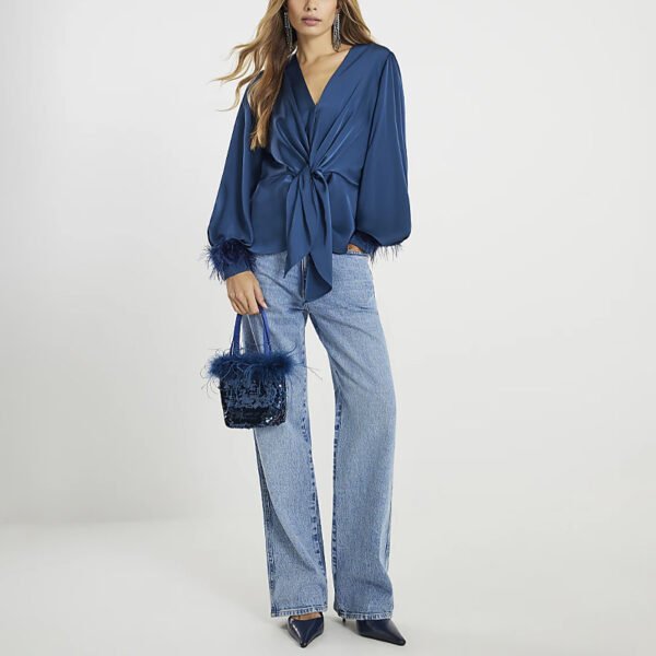 1 Basics Satin Knot Front Feather Cuff Top for Women