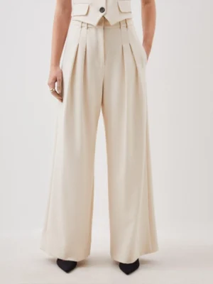 Compact Stretch Tailored Pleated Straight Leg Pants