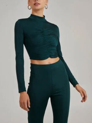 1 Shimmer Ruched Long Sleeve High Neck Top Set for Women