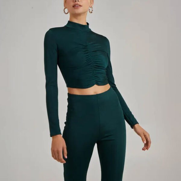 1 Shimmer Ruched Long Sleeve High Neck Top Set for Women