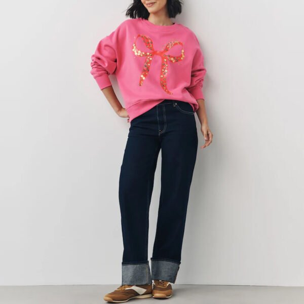 Seasonal Christmas Bow Graphic With Sparkle Sequins Longsleeve Crewneck Sweatshirt