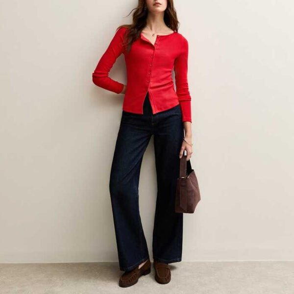 Basics Ribbed Button Through Long Sleeve Top for Women