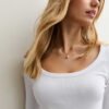 2 Basics White Scoop Neck Long Sleeve Ribbed Top for Women