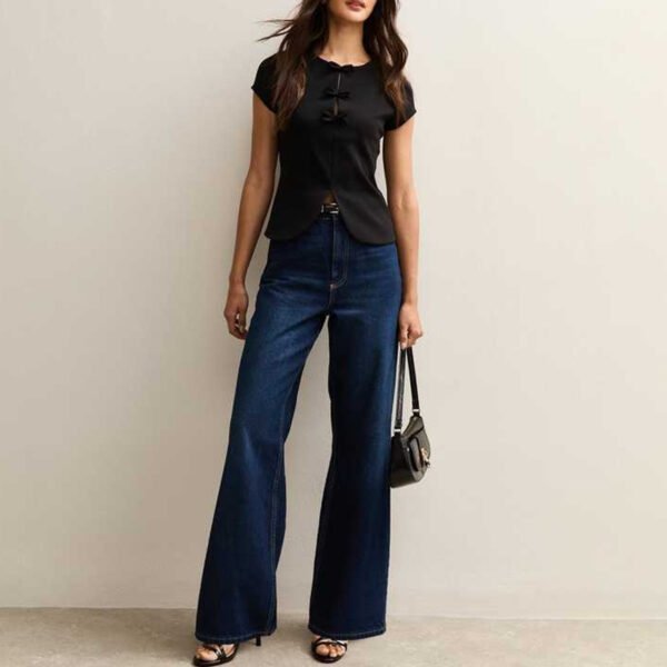 Basics Black Bow Detail Short Sleeve Top for Women