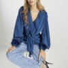 2 Basics Satin Knot Front Feather Cuff Top for Women