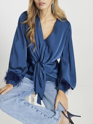 2 Basics Satin Knot Front Feather Cuff Top for Women