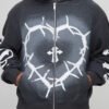3 Oversized Boxy Reverse Loopback Heart Print Zip Through Hoodie