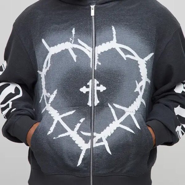 3 Oversized Boxy Reverse Loopback Heart Print Zip Through Hoodie