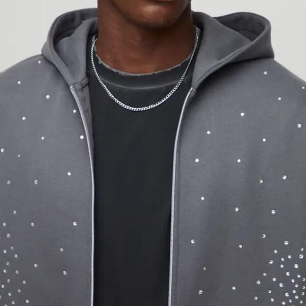 Oversized Boxy Rhinestone Zip Through Hoodie Set