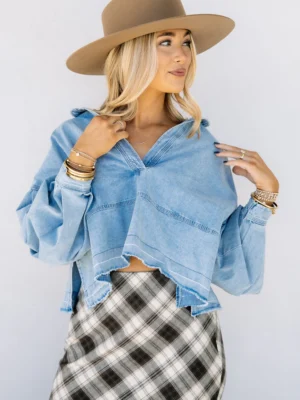 3 Denim Long Sleeve Pullover Top