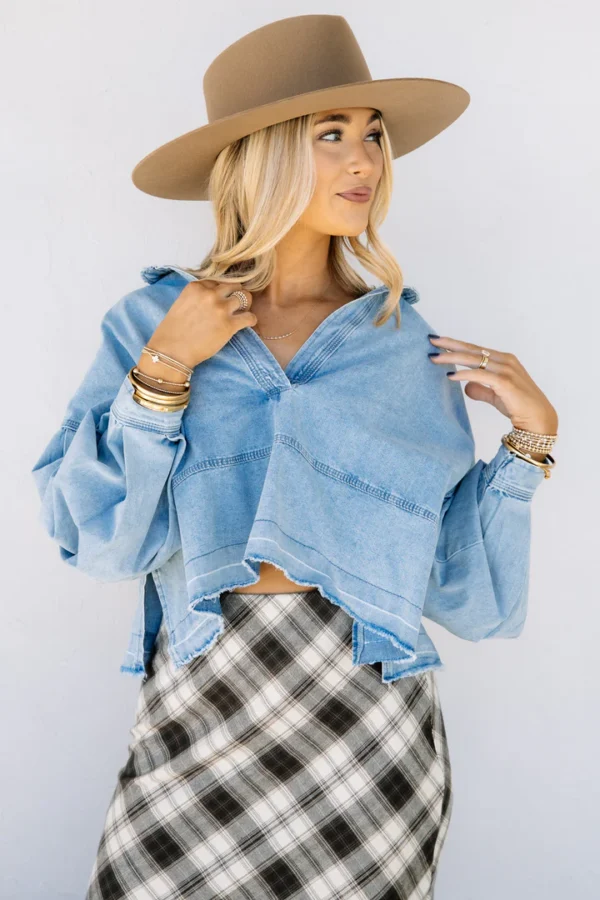 3 Denim Long Sleeve Pullover Top