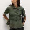 Basics Peplum Collared Button Through Knitted Top