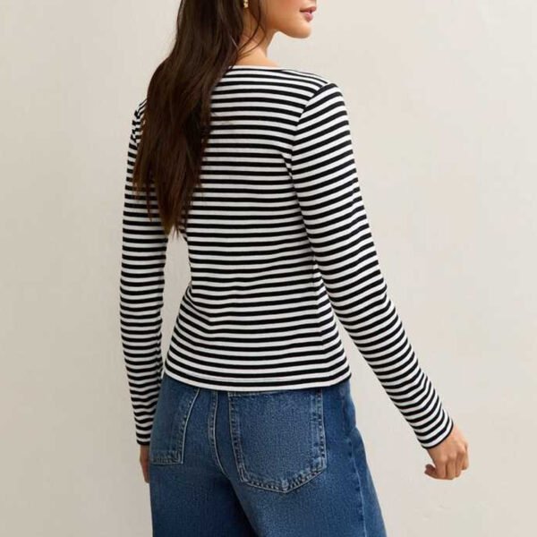 3 Basics Black Striped Button Up Long Sleeve Top for Women